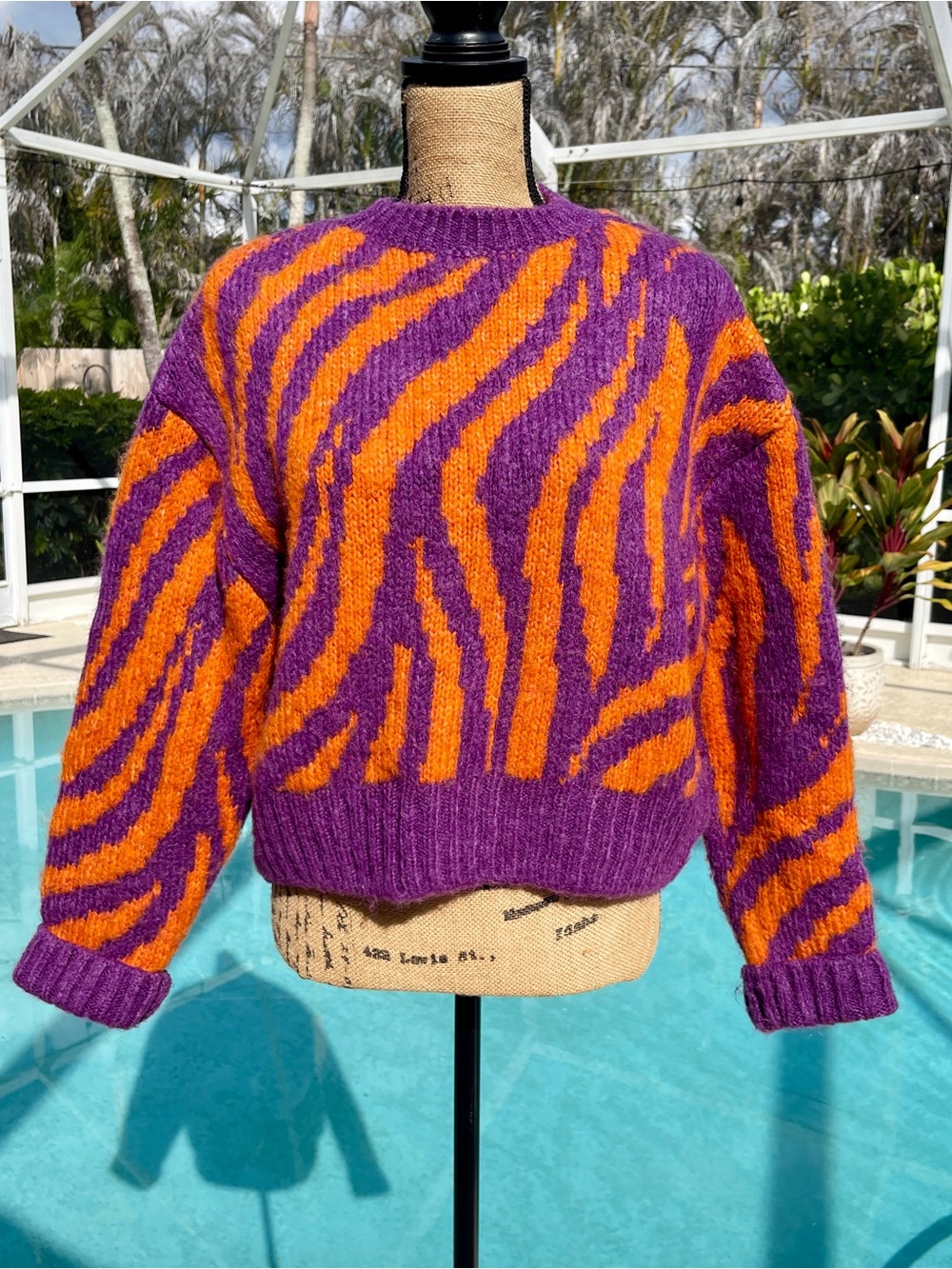 Zara Purple and Orange Zebra-Print Crewneck Sweater